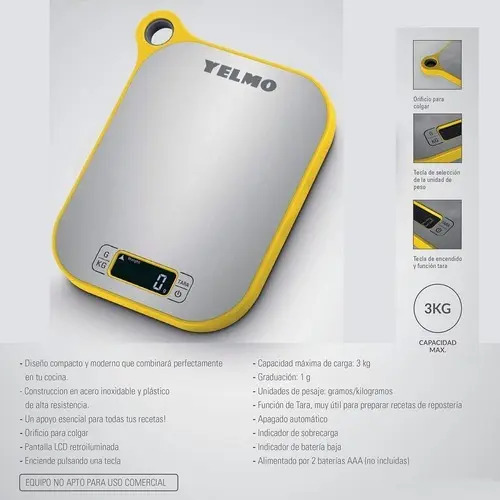 Balanza De Cocina Digital Yelmo Bl-7001 Peso Máximo 3kg Amarillo/gris 3 Kg