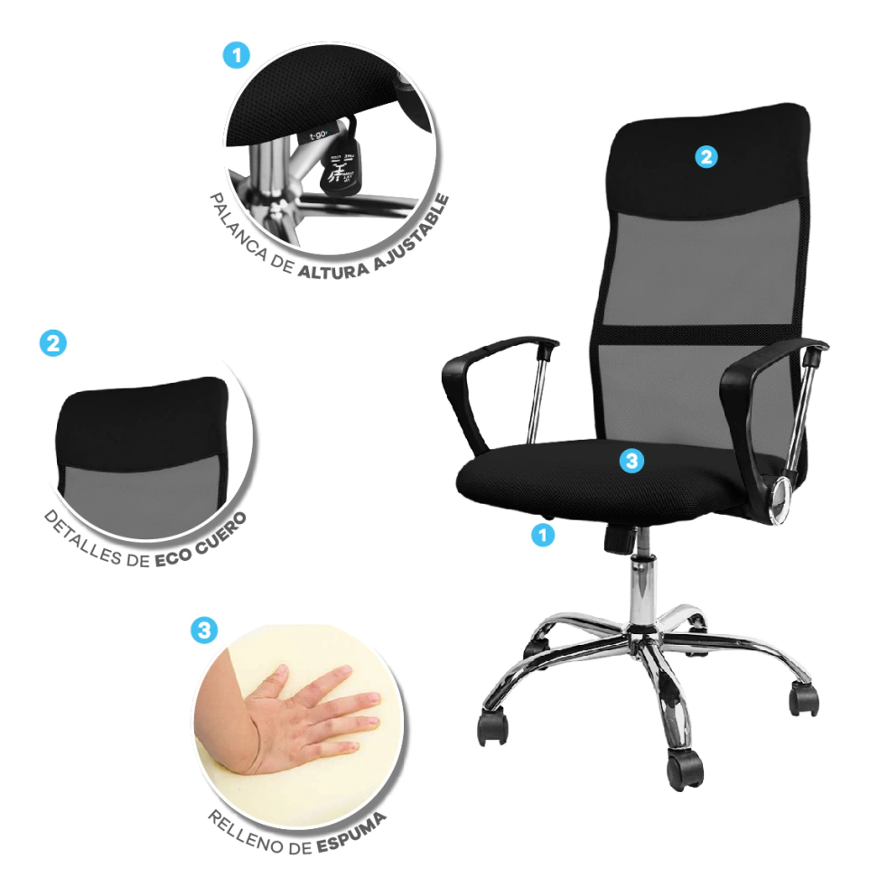 Silla De Oficina Mesh Eco Espaldo Alto Soporte Lumbar - Negro - Cuero Sintético/mesh