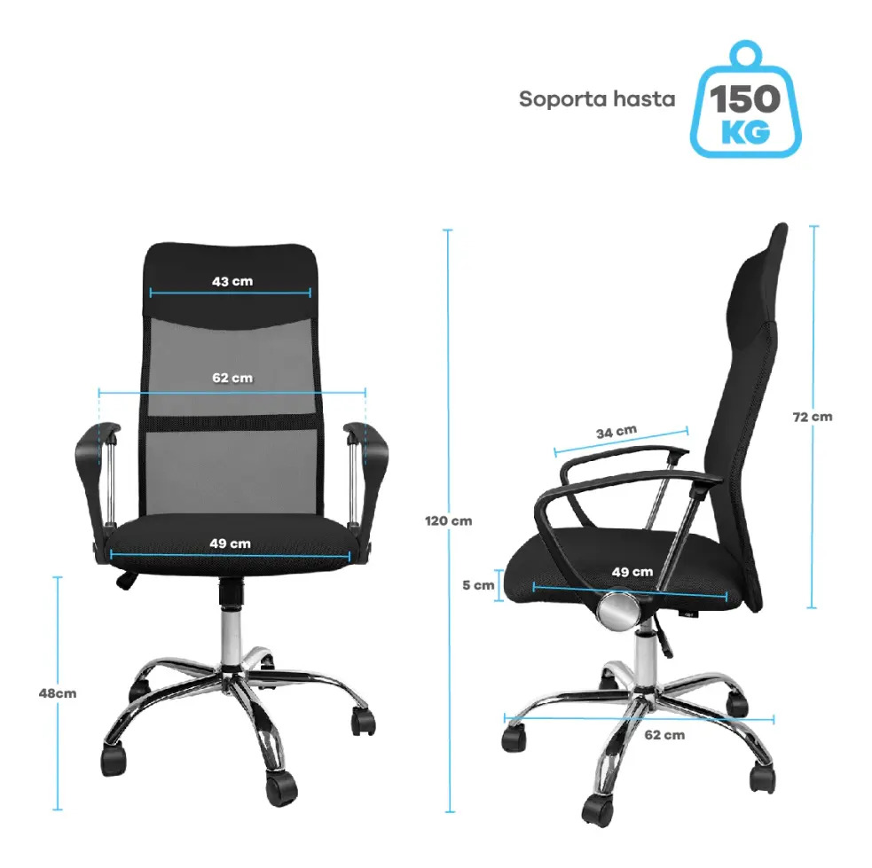 Silla De Oficina Mesh Eco Espaldo Alto Soporte Lumbar - Negro - Cuero Sintético/mesh