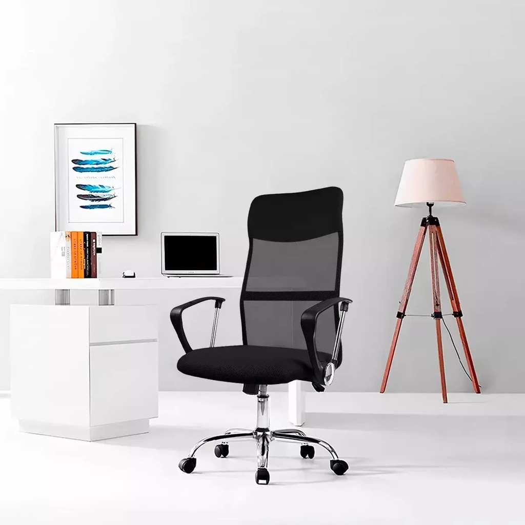 Silla De Oficina Mesh Eco Espaldo Alto Soporte Lumbar - Negro - Cuero Sintético/mesh