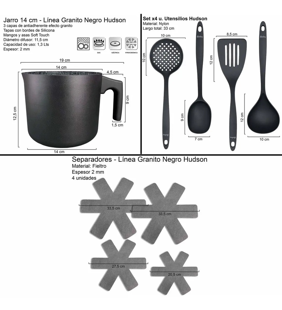 Juego De Ollas Hudson Granito Negro 15 Piezas Utencillos
