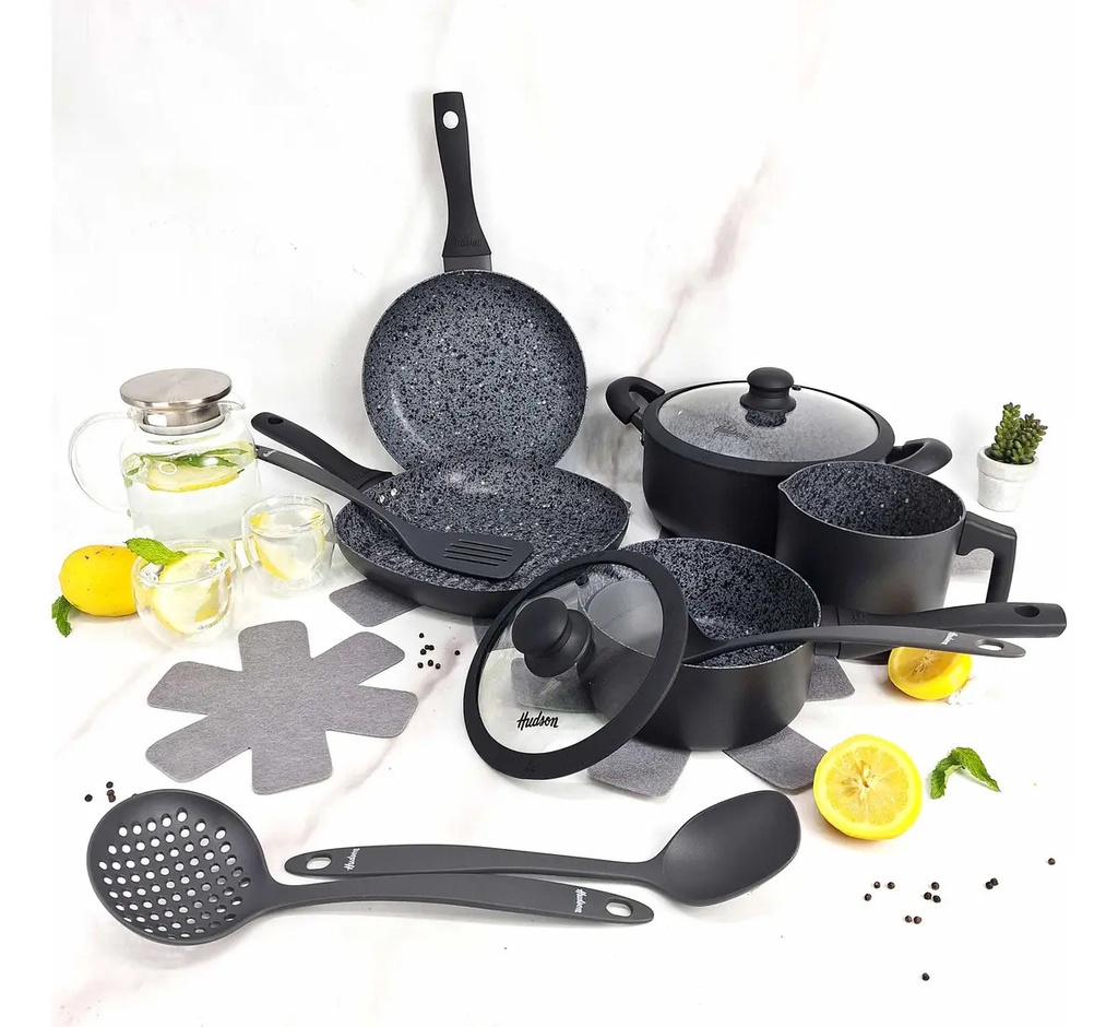Juego De Ollas Hudson Granito Negro 15 Piezas Utencillos