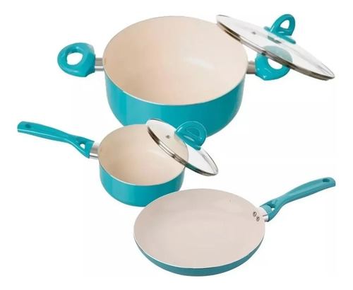 [5223] Set Cocina Revestida En Ceramica Antiadherente - Cacerola. Celeste