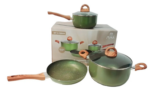 Juego Ollas Suka Teflon Granito Verde Antiadherente 5pz. Verde Mango