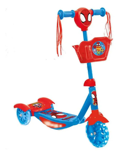 Monopatin Hombre Araña 3 Ruedas Con Luces Musica Y Canasto C Spiderman