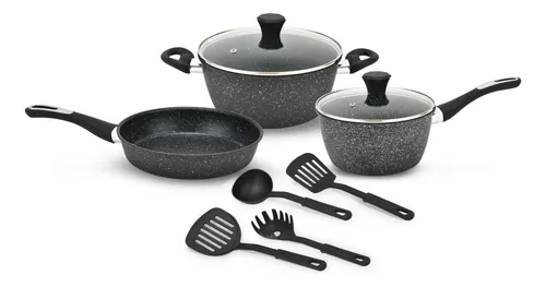 [6862] Baterias De Cocina Kanji Gourmet 9 Piezas Antiadherente Mármol Negro