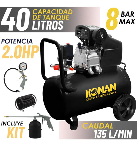 Compresor De Aire Con Kit Konan 40 Lts 2hp 8 Bar 135 L/min Doble Salida Manometro Monofasico Negro 50 Hz Monofásica