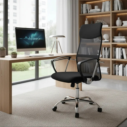 Silla De Oficina Mesh Eco Espaldo Alto Soporte Lumbar - Negro - Cuero Sintético/mesh