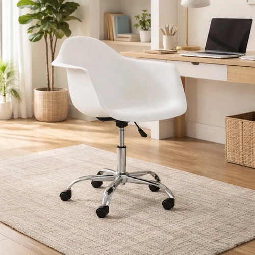 [3961] Sillon Eames De Escritorio Oficina Giratorio Con Ruedas Garden Life Color Blanco Cuero Sintético