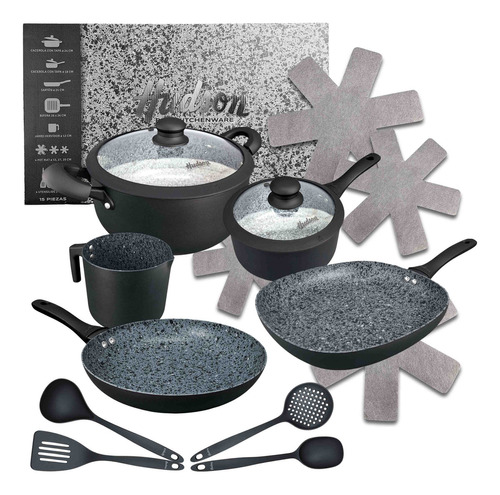 [5636] Juego De Ollas Hudson Granito Negro 15 Piezas Utencillos
