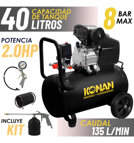 [7006] Compresor De Aire Con Kit Konan 40 Lts 2hp 8 Bar 135 L/min Negro 50 Hz Monofásica 